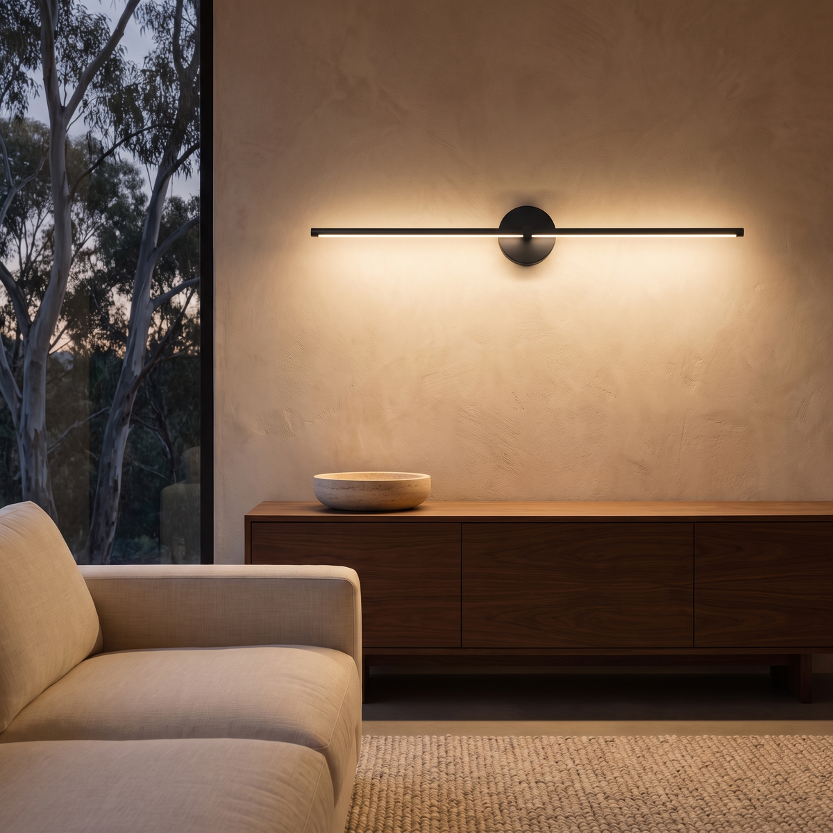Muxlow black linear wall sconce glowing above a walnut sideboard at dusk