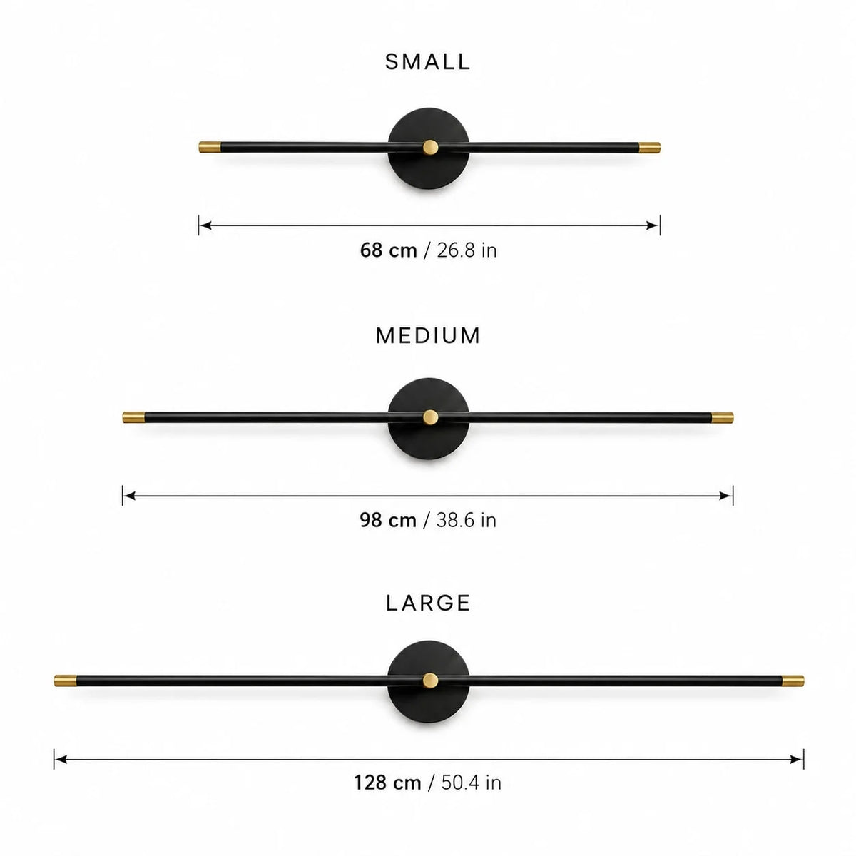 Muxlow linear LED wall light sizes, small 68cm, medium 98cm and large 128cm long