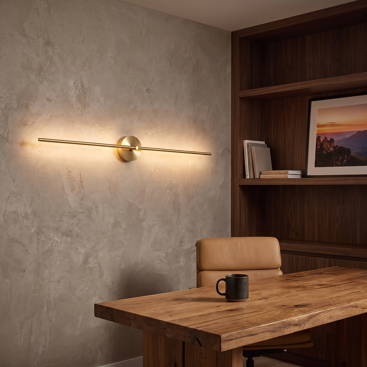 Muxlow gold linear LED wall light above a timber desk in a walnut home office