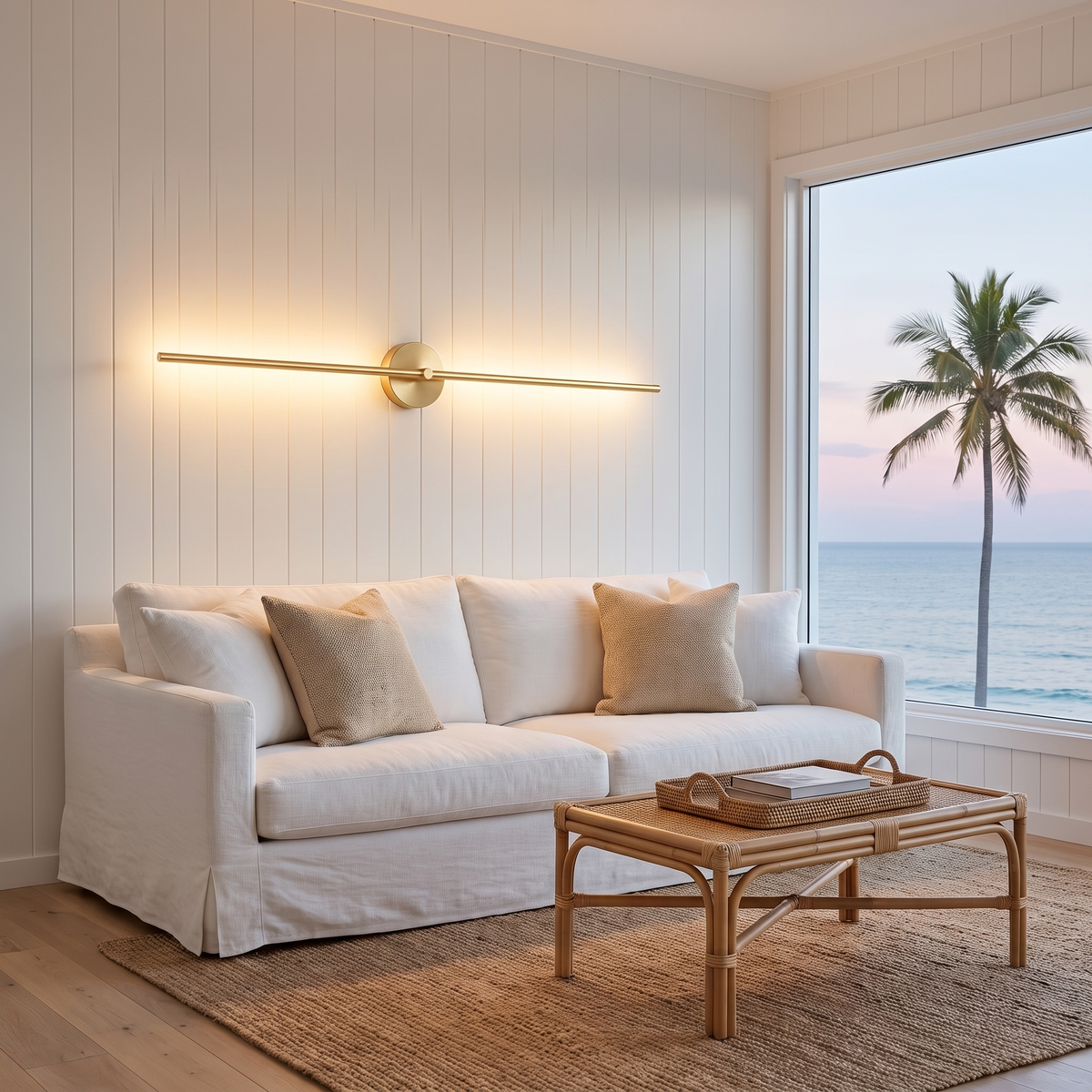 Long Muxlow gold linear LED wall light above a white slipcover sofa in a beach house living room