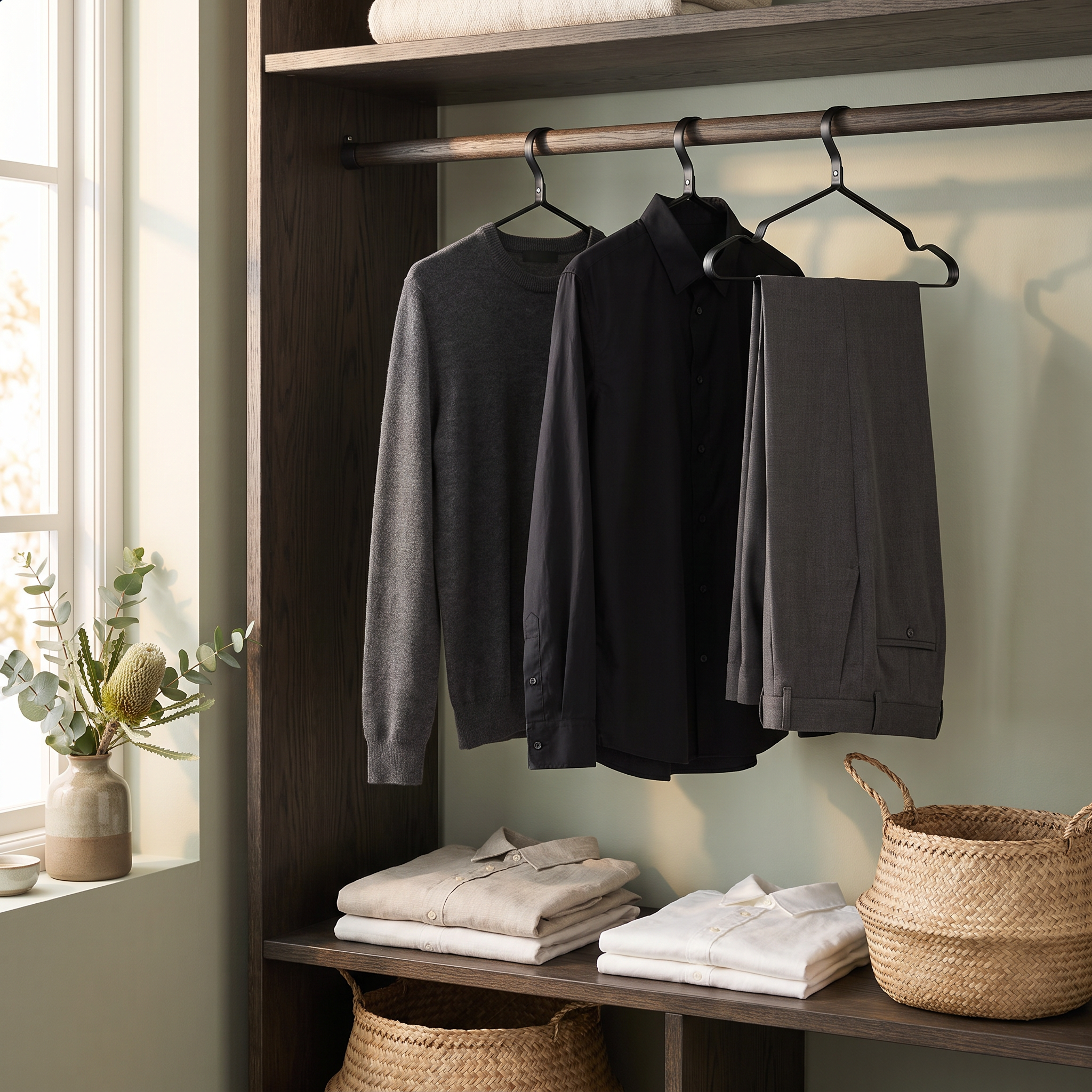 Ness black aluminium clothes hangers holding garments on a wardrobe rail in a warm robe