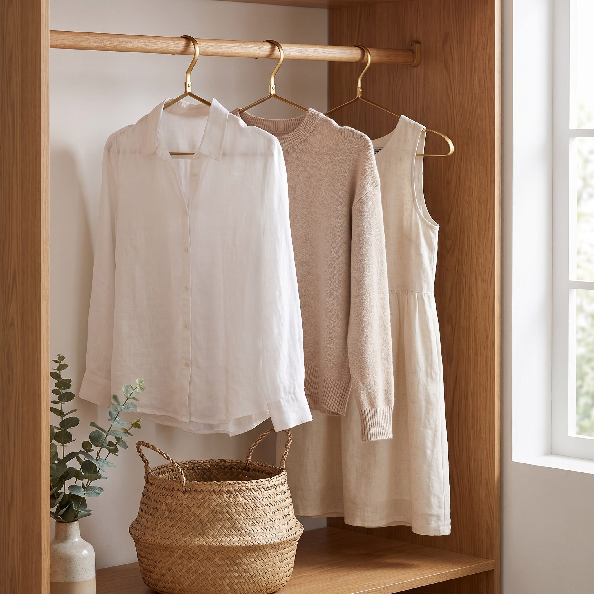 Ness gold aluminium clothes hangers holding garments on a wardrobe rail in a coastal robe