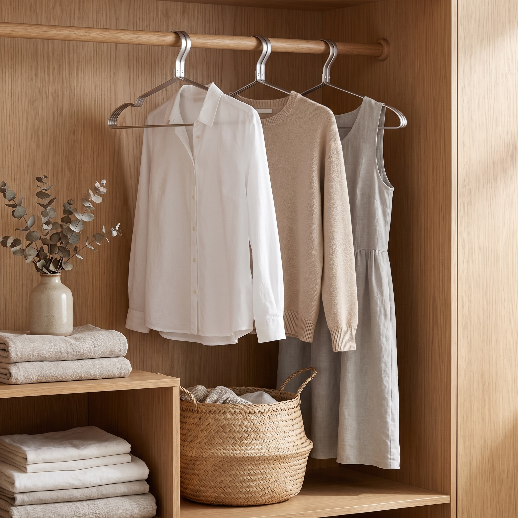 Ness silver aluminium clothes hangers holding garments on an oak wardrobe rail