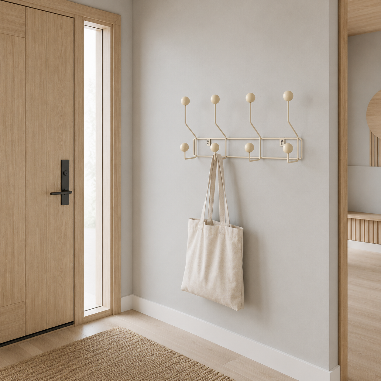 Newi Iron Wall Coat Rack in its wrought iron frame with wood ball hooks, alternate colour option