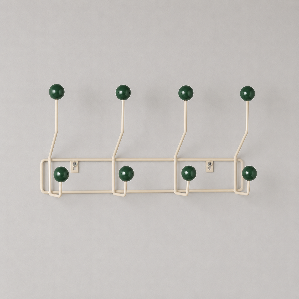 Newi Iron Wall Coat Rack in its wrought iron frame with wood ball hooks, another colour option