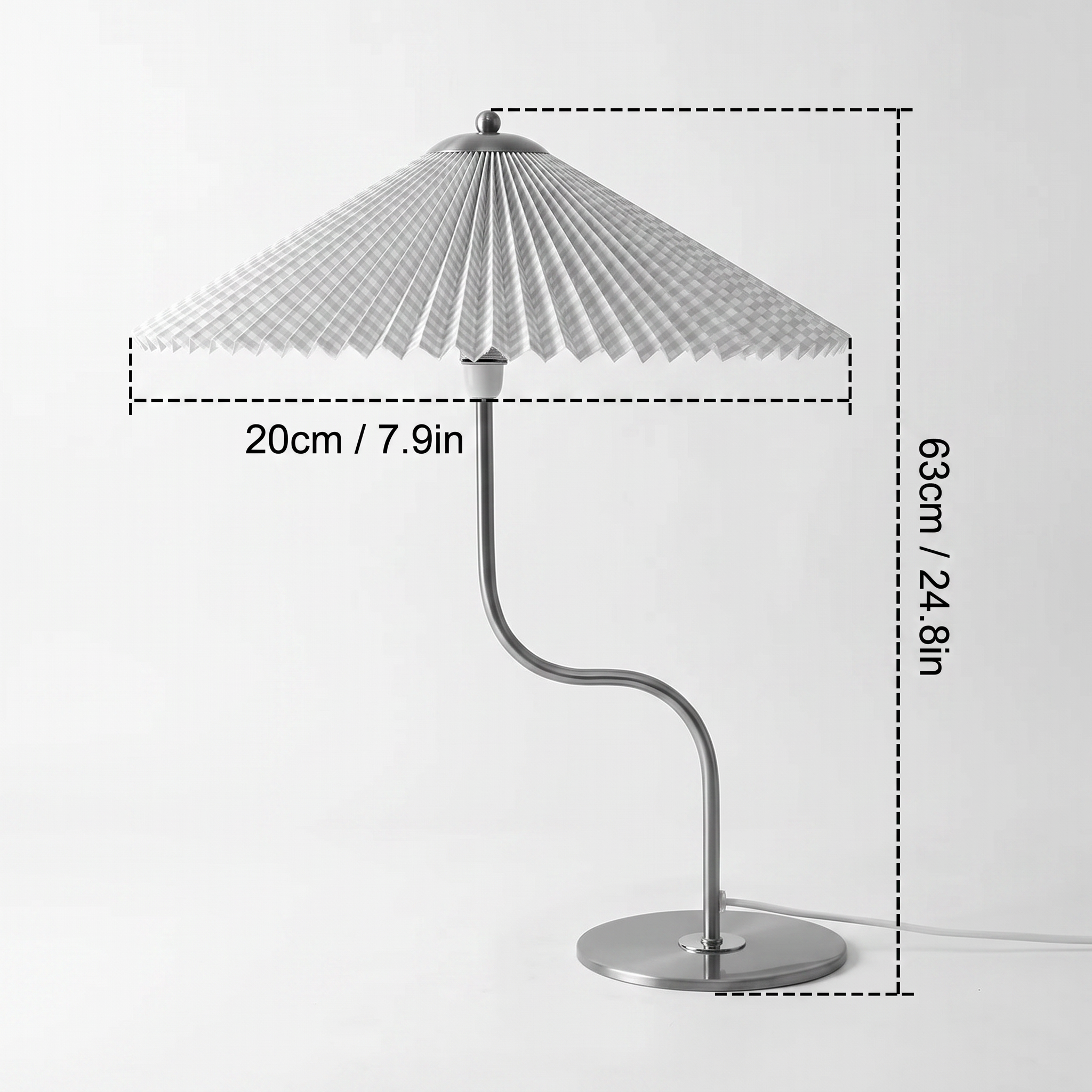 Newton brass table lamp dimensions diagram in black and white, 63cm/24.8in high and 20cm/7.9in wide