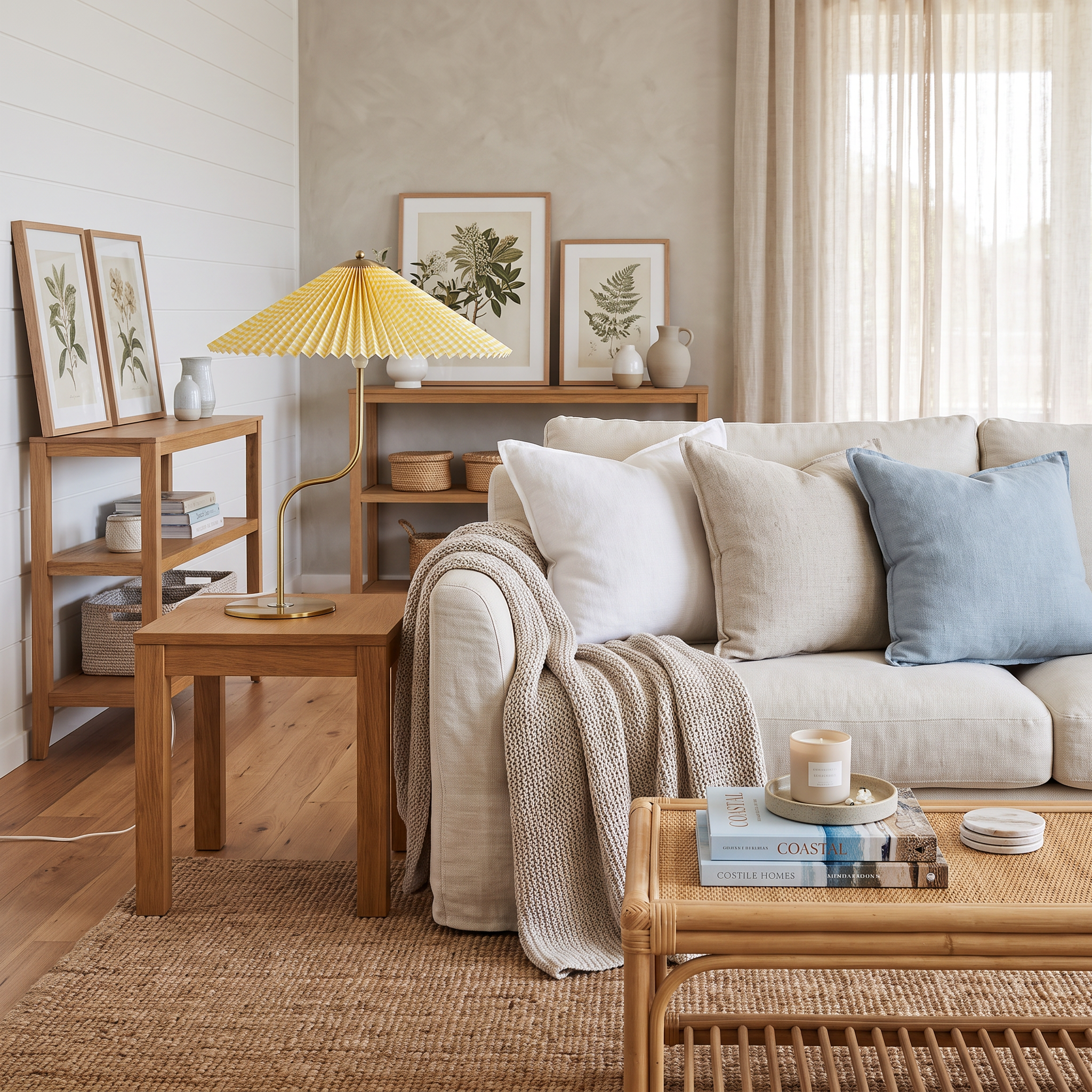 Newton retro checkered brass table lamp on a side table in a coastal living room