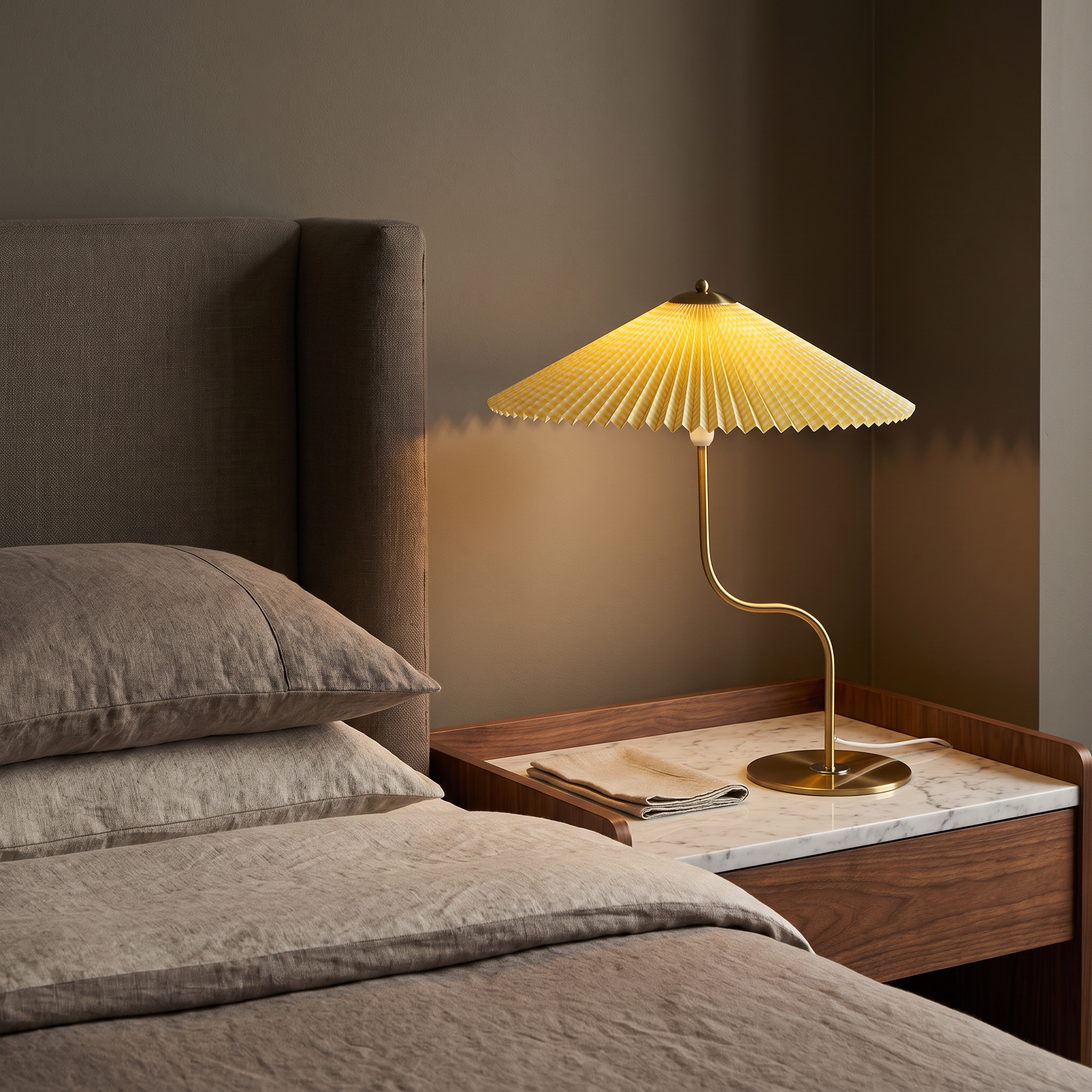 Newton brass table lamp on a marble bedside table in a warm luxe bedroom