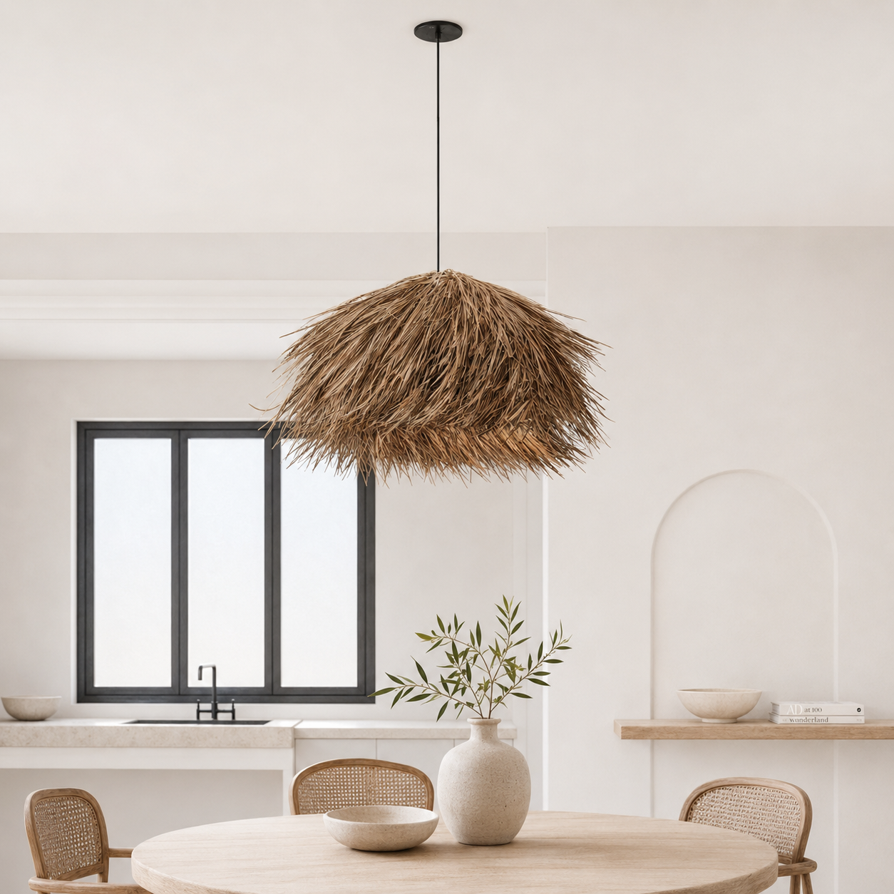 Nias Rattan Pendant Lamp illuminated