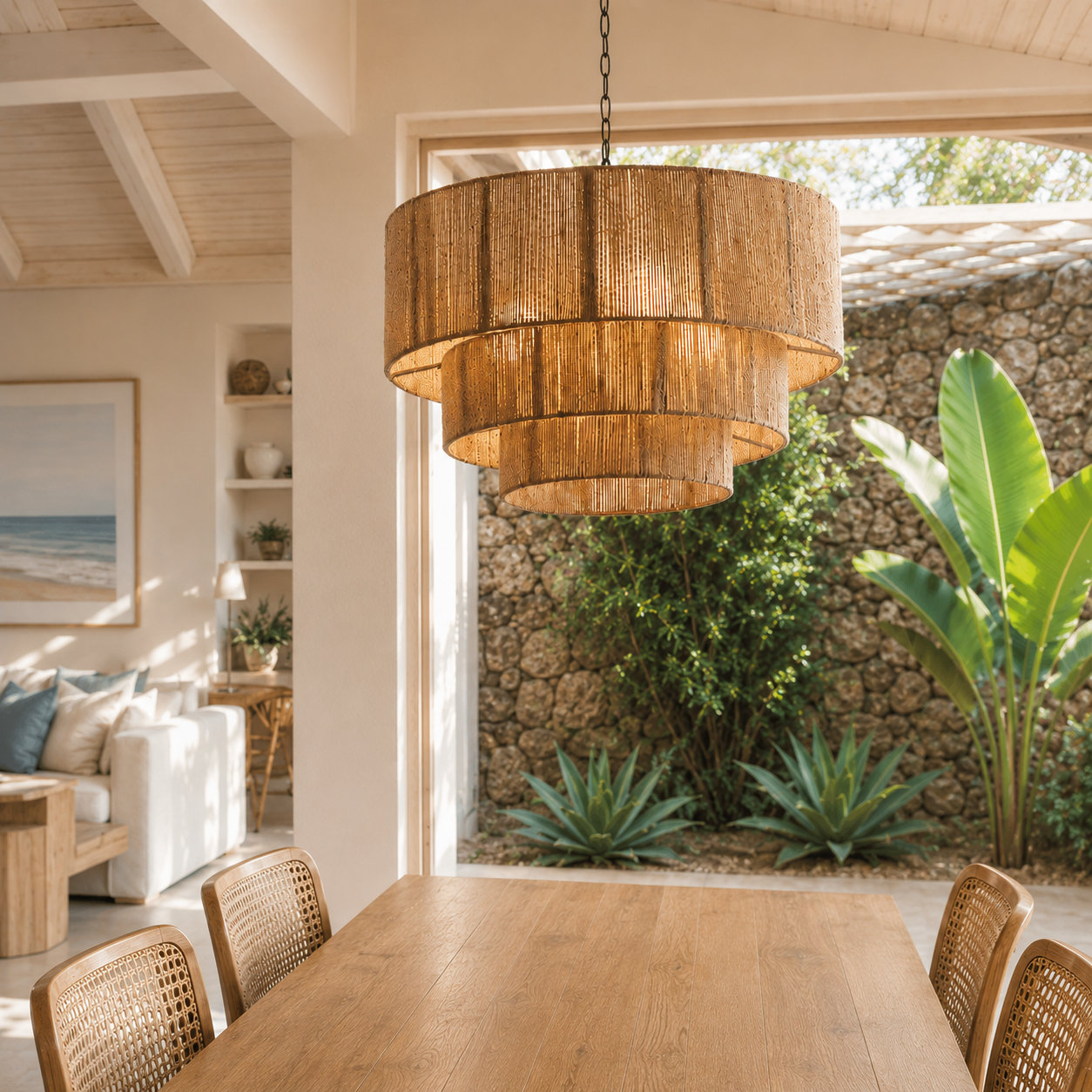 Ningaloo Rattan Pendant Light illuminated