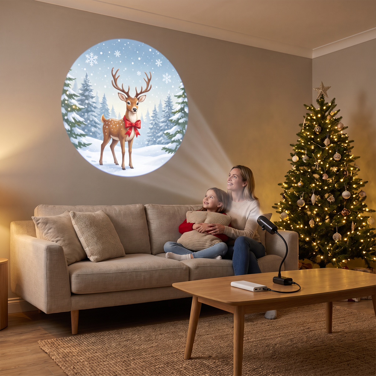 Noelle Christmas projector light projecting a reindeer onto a living room wall