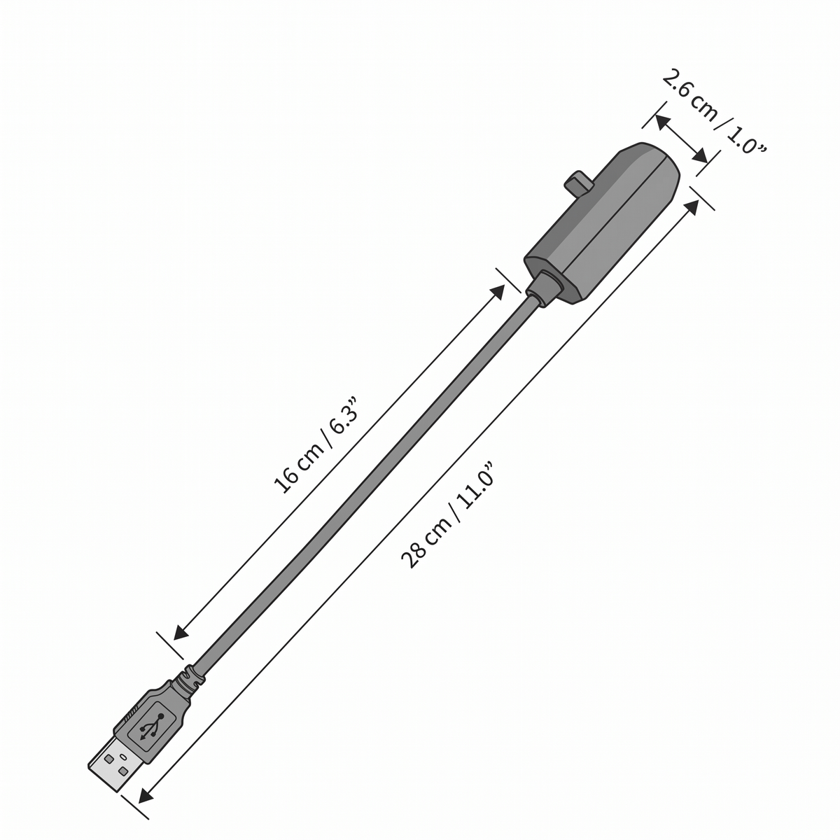 Noelle Christmas projector light size guide, 28cm (11.0in) long with a 2.6cm (1.0in) head