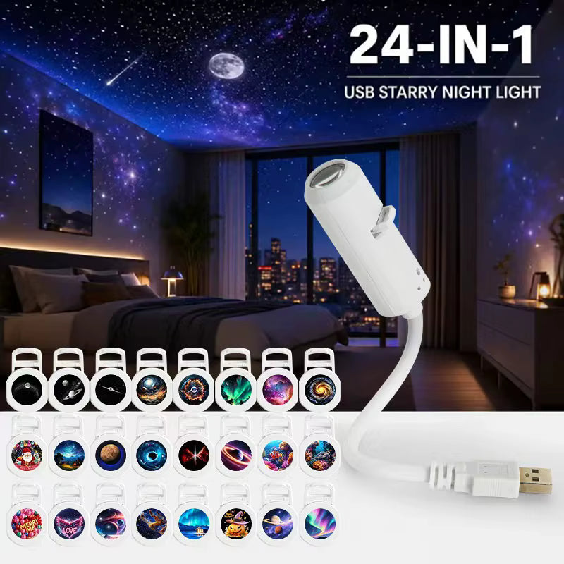 Noelle white 24-in-1 starry night projector light with galaxy slides in a bedroom