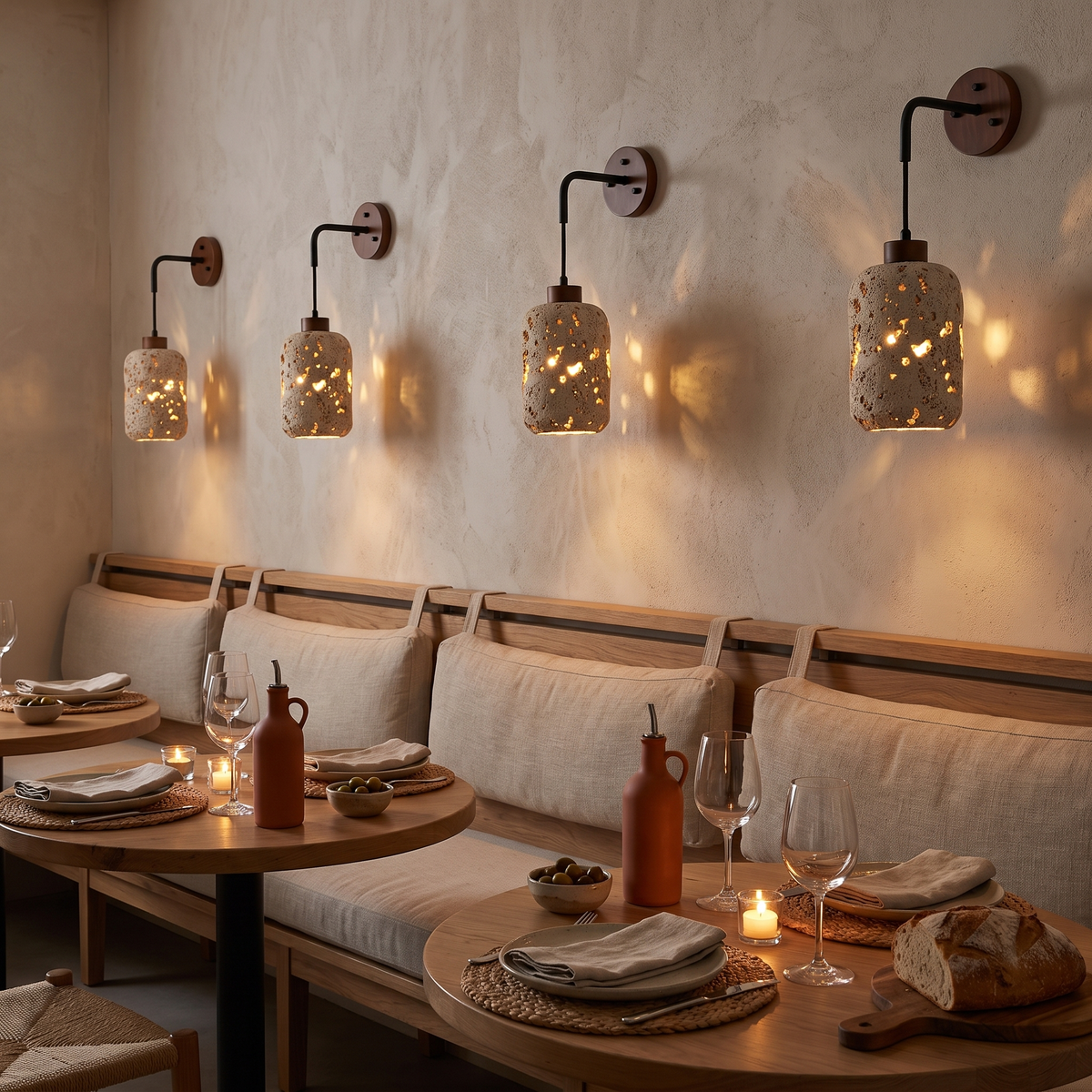 Nora travertine wall sconce in a restaurant