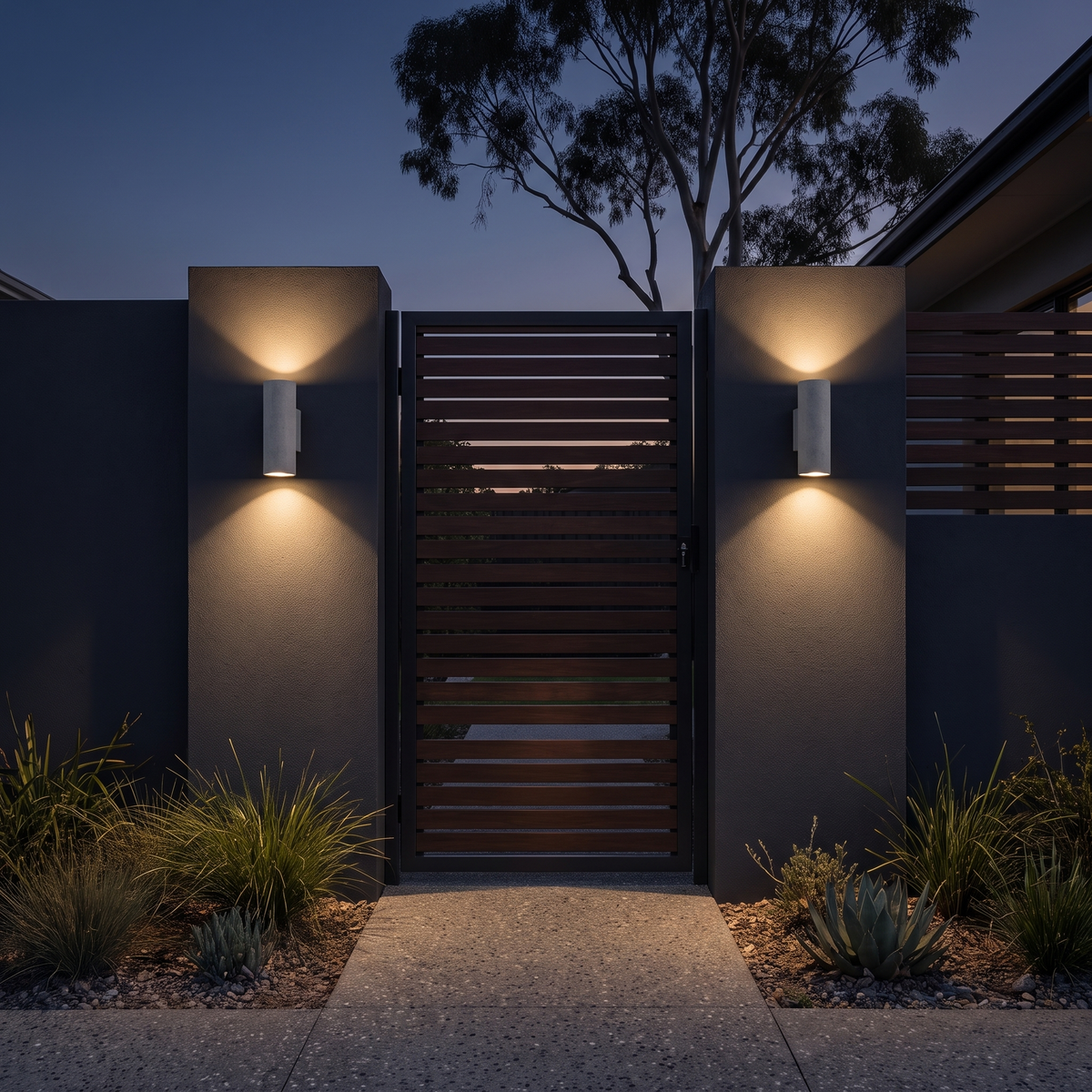 Pair of Northy Minimalist Wall Lights in grey cement flanking a garden gate at dusk