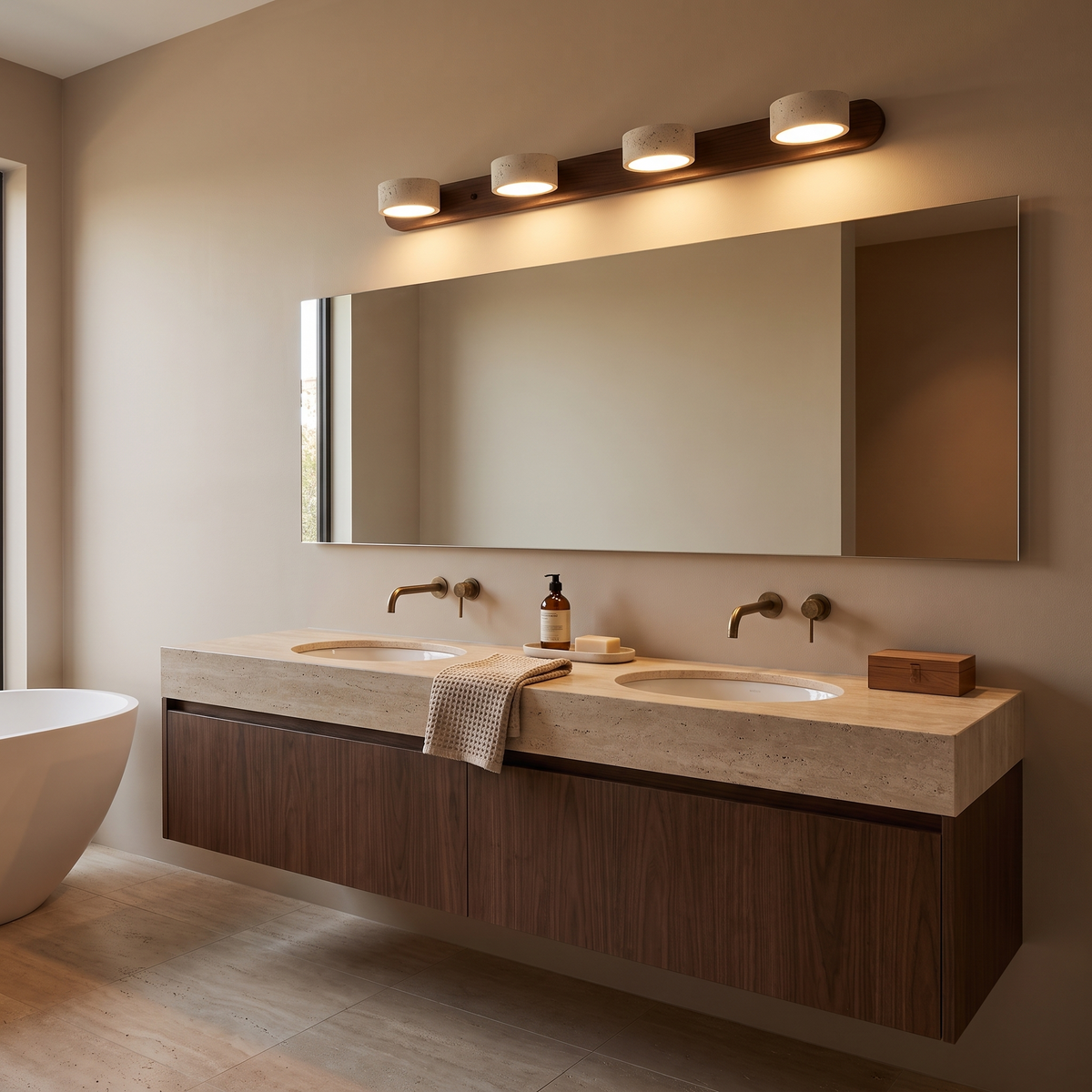 Notu travertine wall light in dark wood with four pucks in an ensuite