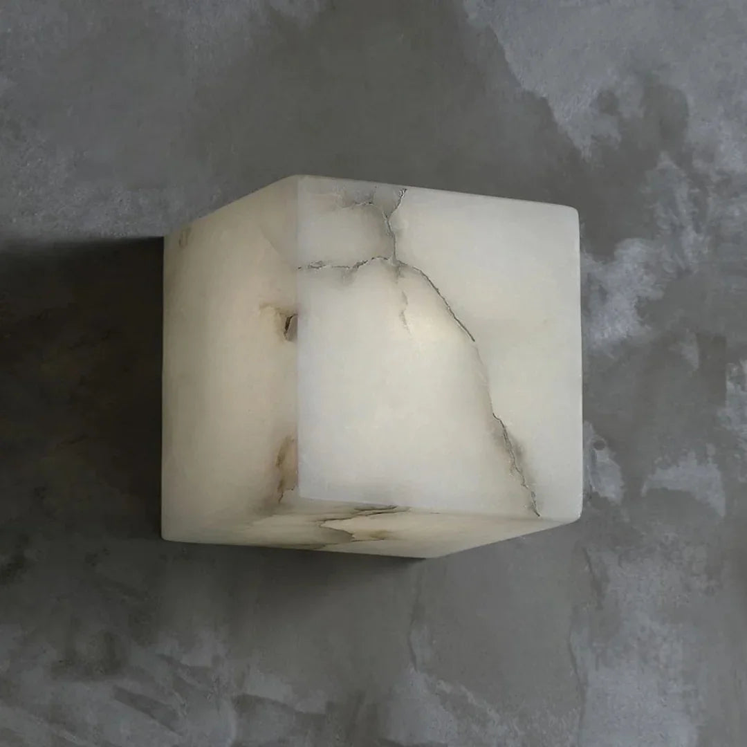 Nova cube marble wall lamp close-up of natural veining