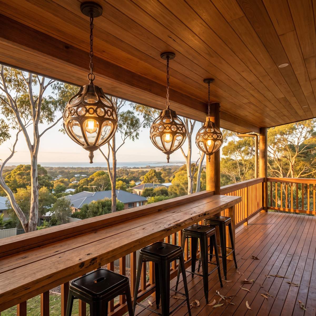Three Olly outdoor pendant lights in bronze over a bar bench on a covered hillside deck at golden hour