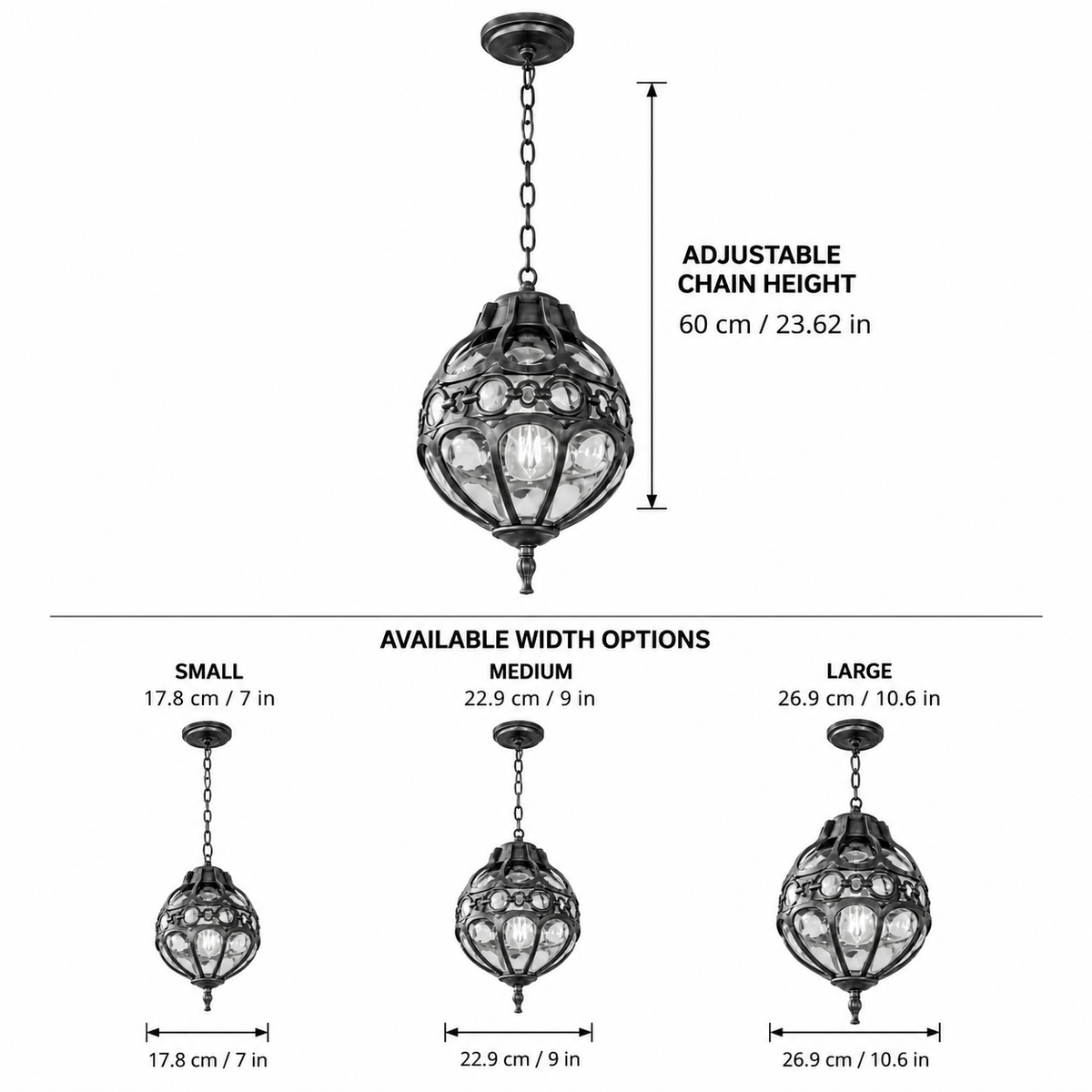 Olly pendant sizes: 17.8cm (7in), 22.9cm (9in) or 26.9cm (10.6in) wide on a 60cm (23.6in) chain