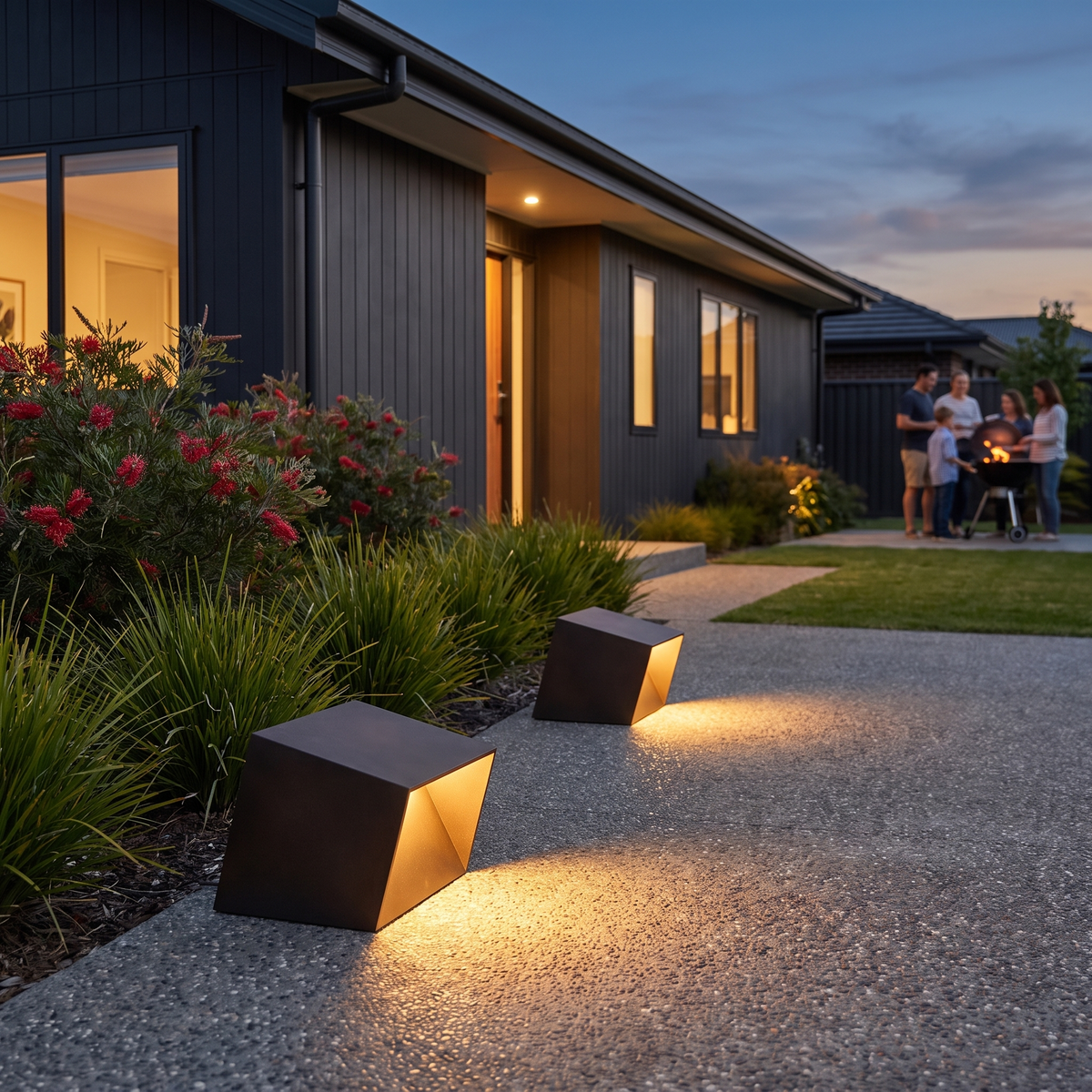 Two hardwired Omnia Cube Garden Lights by an exposed aggregate driveway of a charcoal-clad home at dusk
