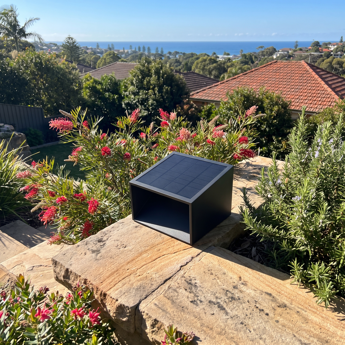 Omnia Cube Solar Garden Light on a sandstone step with bottlebrush and a hillside ocean view in the morning