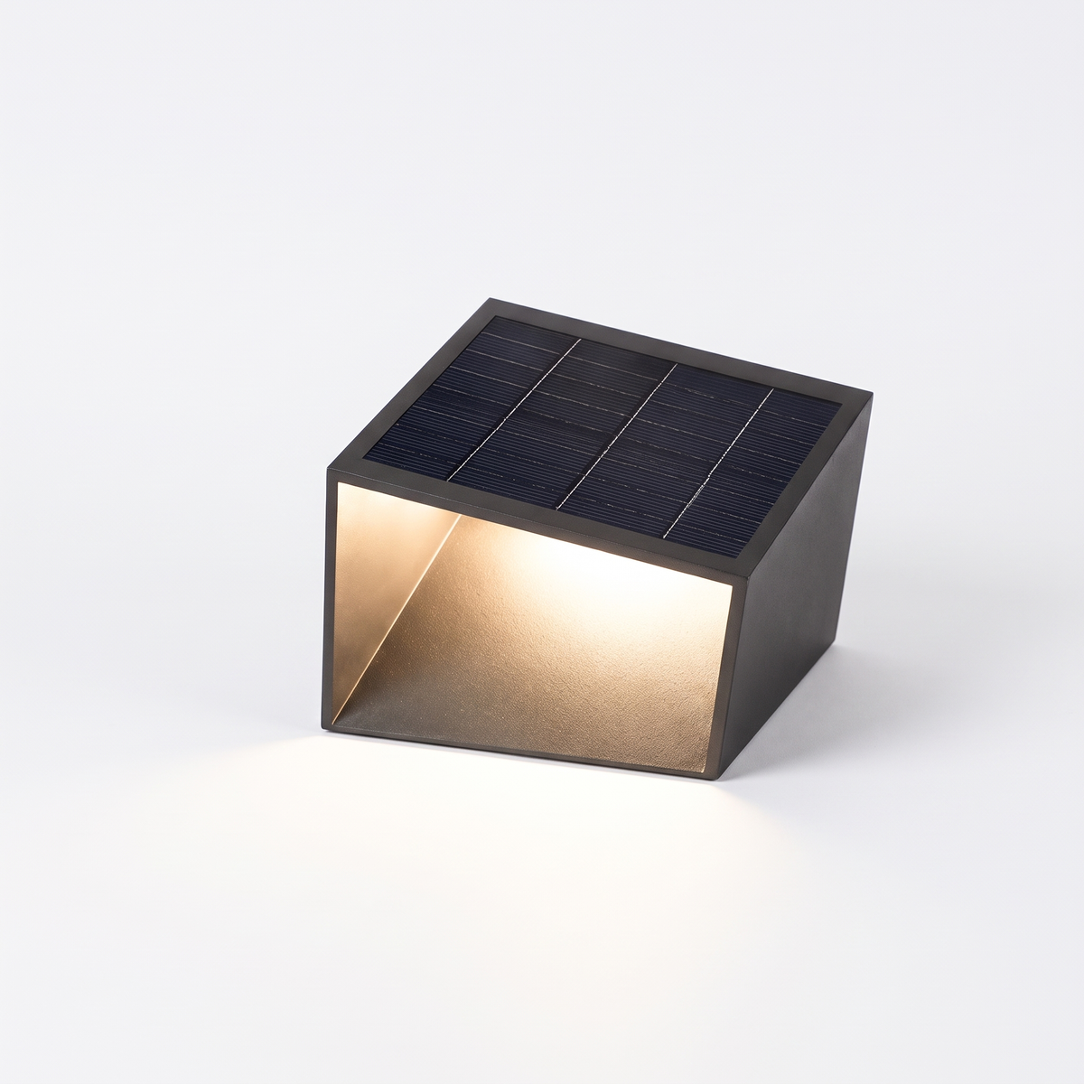 Omnia Cube Solar Garden Light with solar panel top on a white background