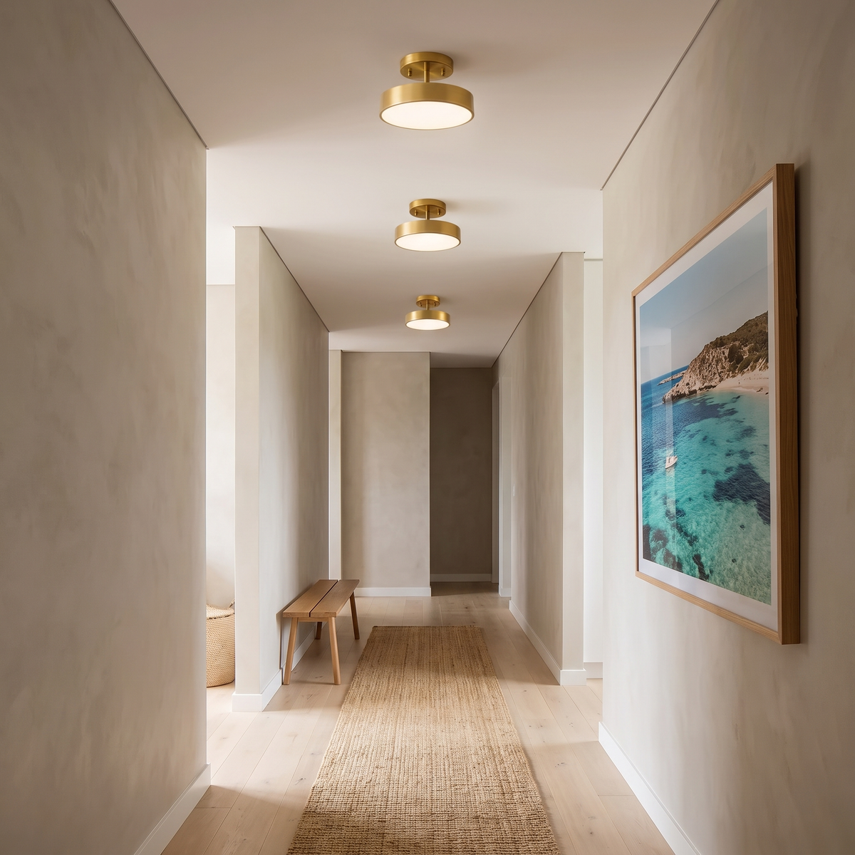 Three 12cm Onslow gold LED flush mount ceiling lights along a Scandinavian hallway