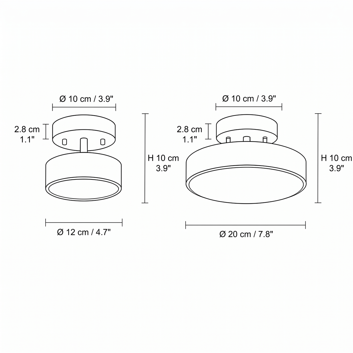 Onslow LED flush mount dimensions, 12cm and 20cm bodies, 10cm canopy and 10cm overall height