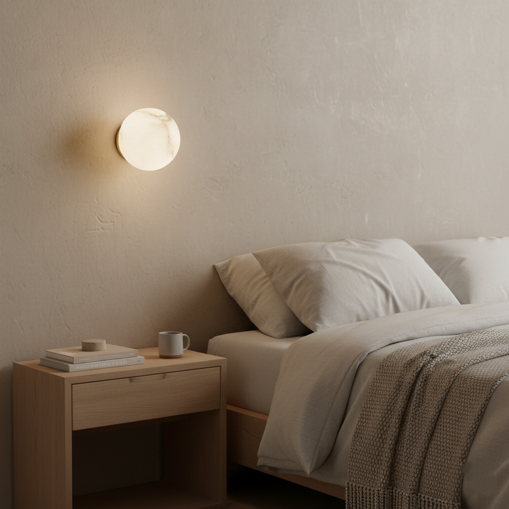 Orby alabaster wall lamp styled in a Japandi inspired interior