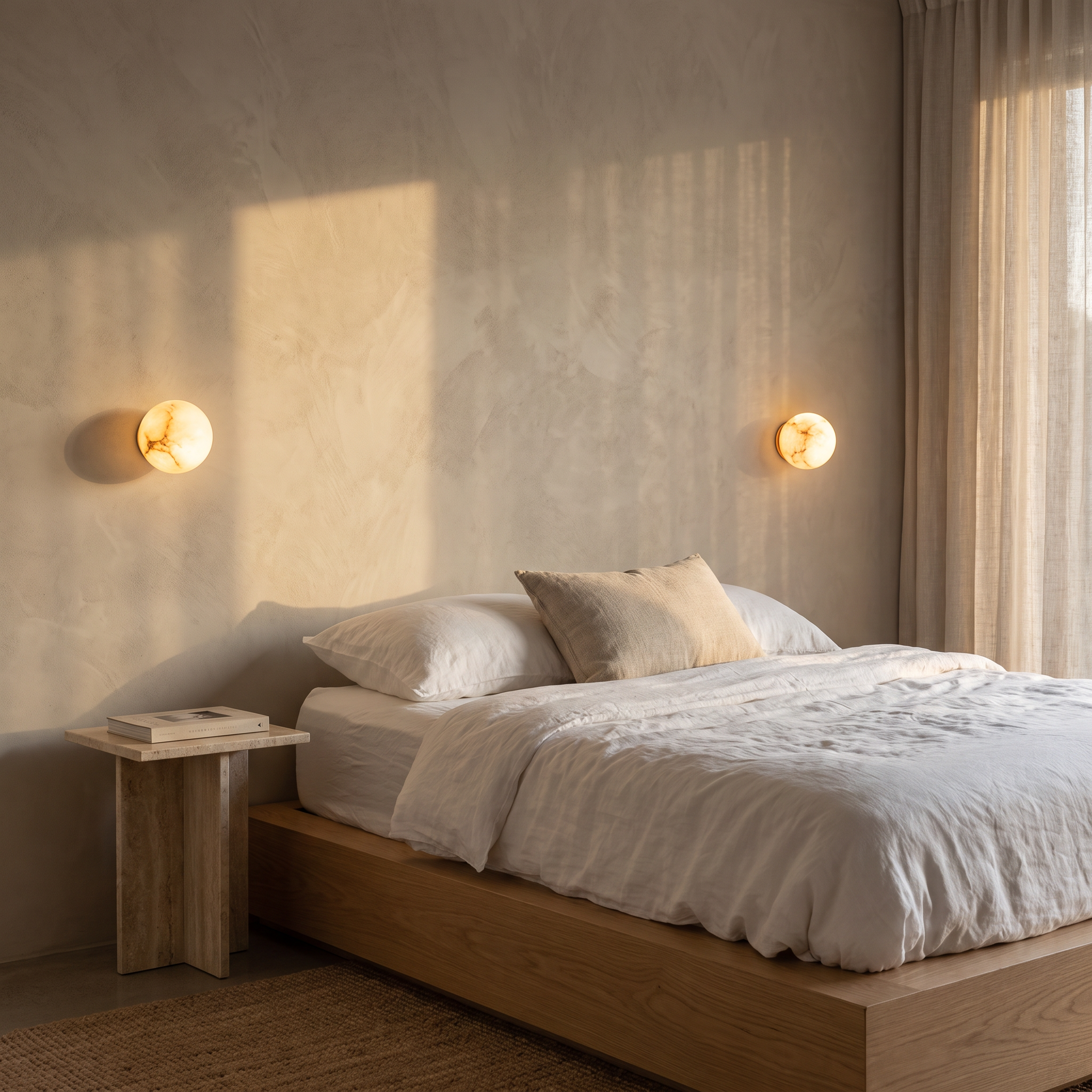 Pair of Orby natural alabaster wall lamps either side of an oak platform bed in a coastal bedroom