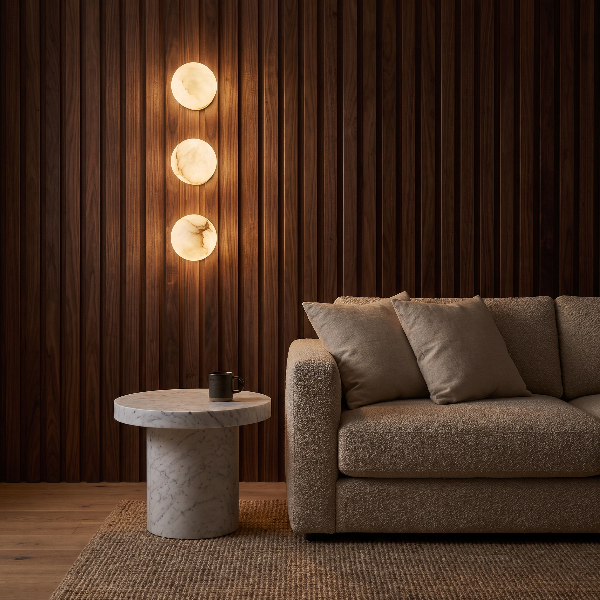 Three Orby natural alabaster wall lamps stacked on a dark walnut batten wall above a boucle sofa