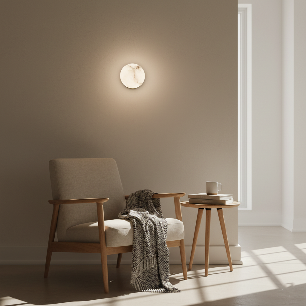 Orby alabaster wall lamp glowing warm white from within the stone globe