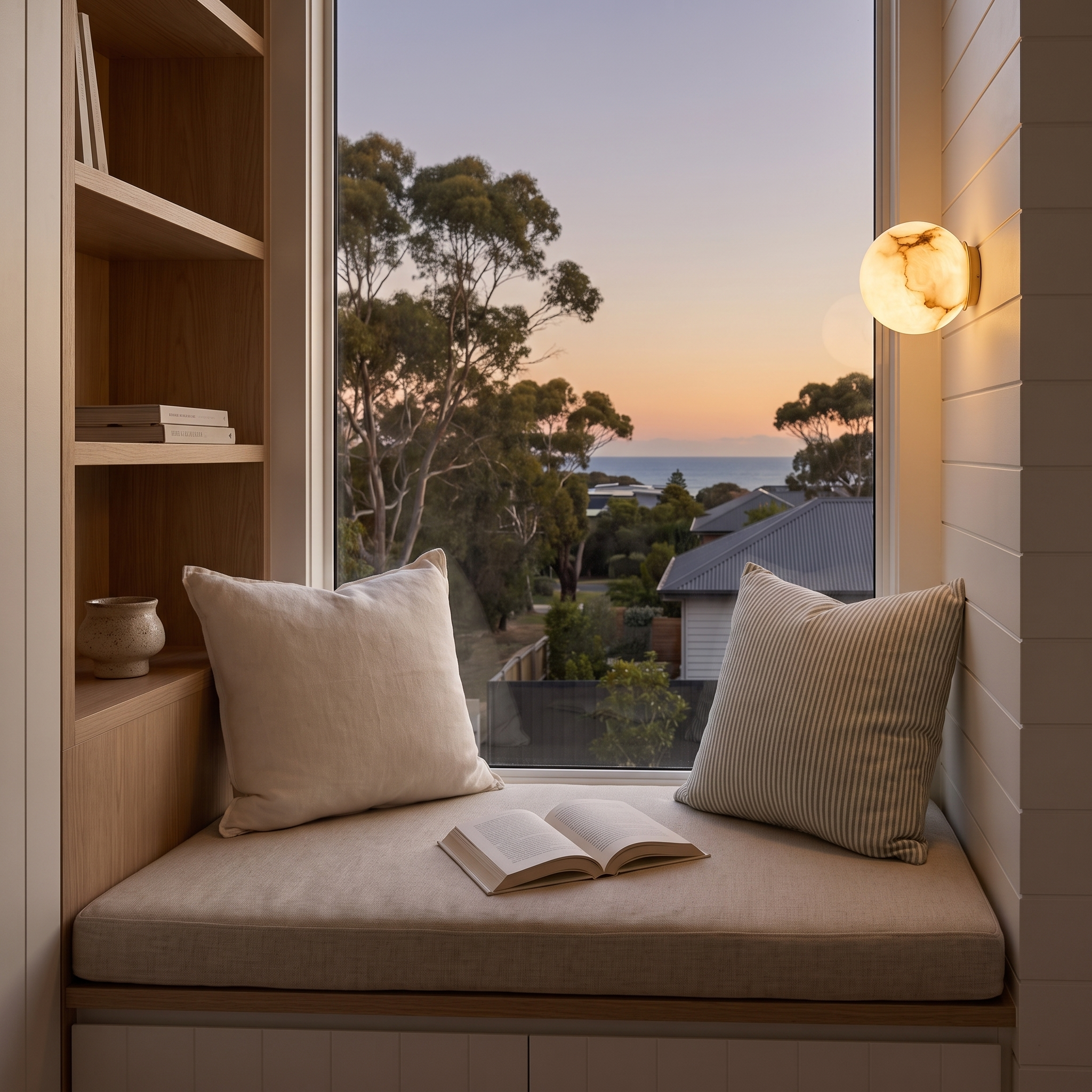 Orby natural alabaster wall lamp beside a linen window seat reading nook in a beach house