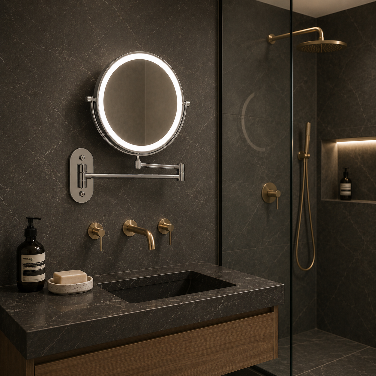 Oren Magnifying LED Makeup Mirror close-up showing the touch-control LED lighting