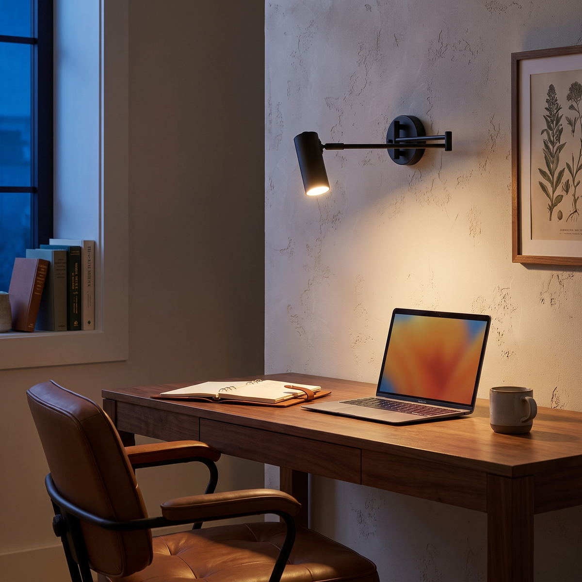 Oren swing arm wall spotlight in black above a home office desk