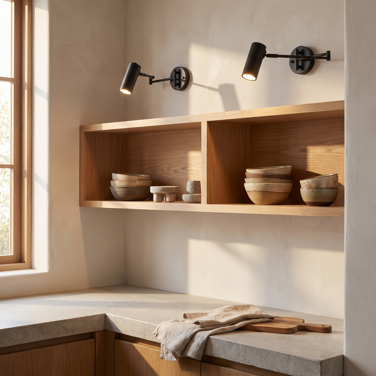Oren swing arm wall spotlight in black on the side of a kitchen