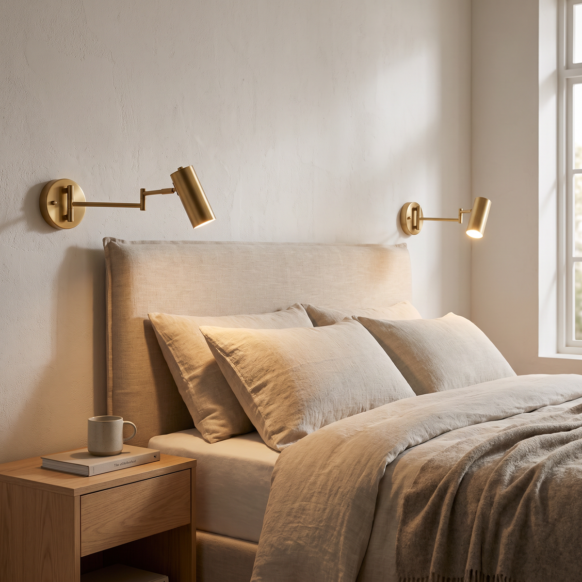 Oren swing arm wall spotlight in brass in a bedroom