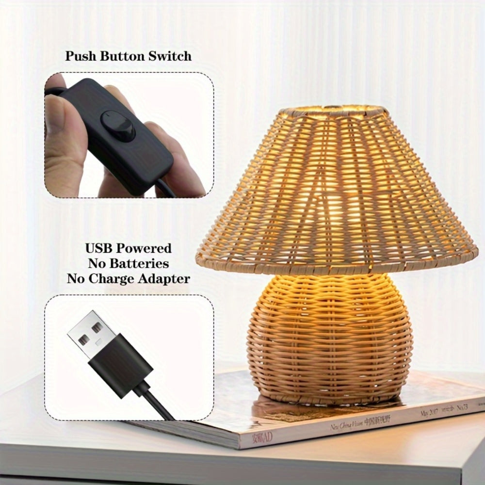 Palma handwoven rattan table lamp styled for coastal and bohemian interiors