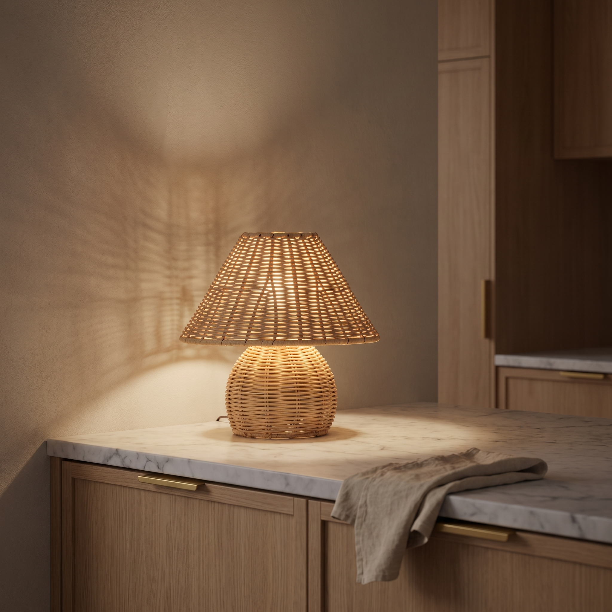 Palma woven rattan table lamp glowing on a Carrara marble kitchen bench in the evening