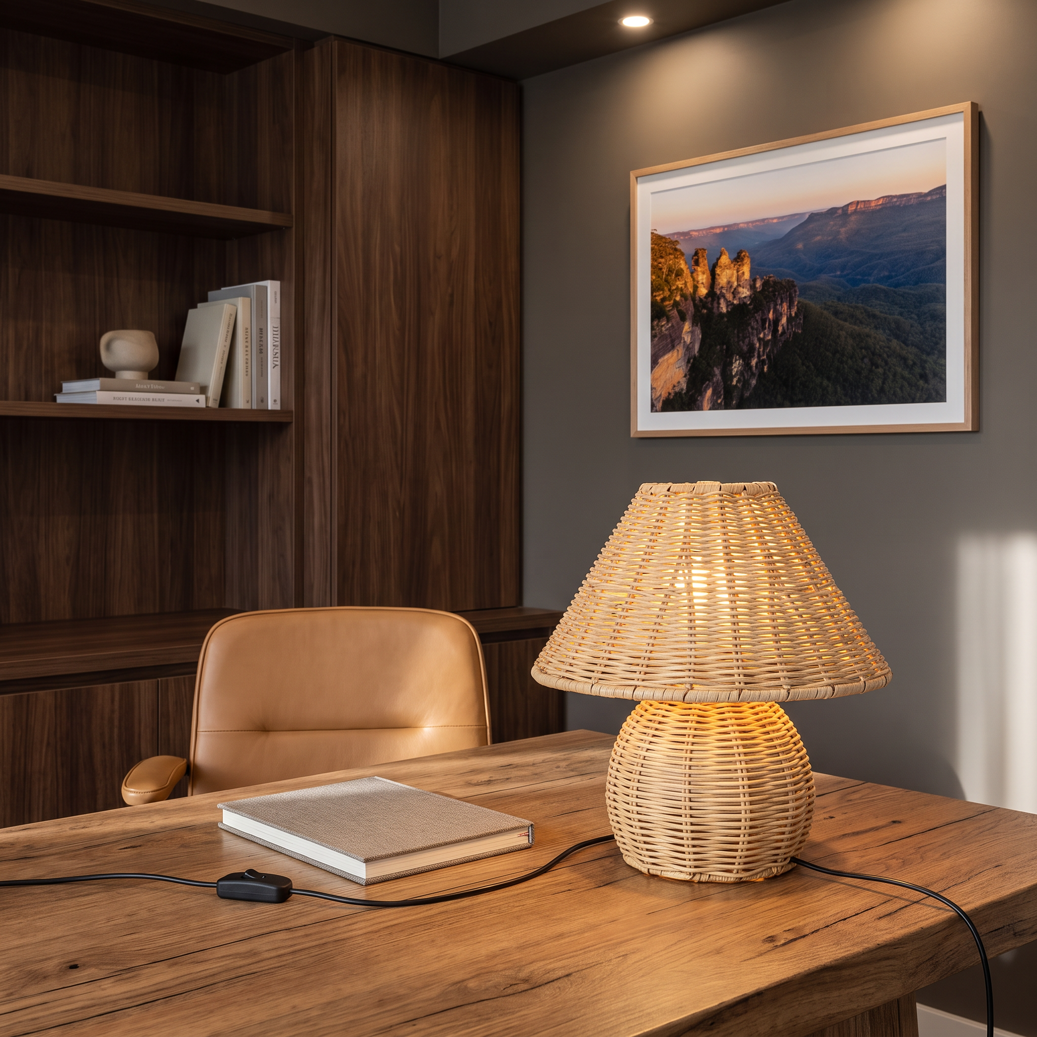 Palma woven rattan table lamp on a timber desk in a home office, cord and push-button switch visible