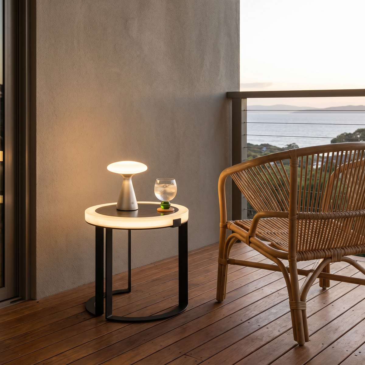 Silvie cordless mushroom lamp on a glowing Kali solar side table with an Ivy green glass on a coastal verandah