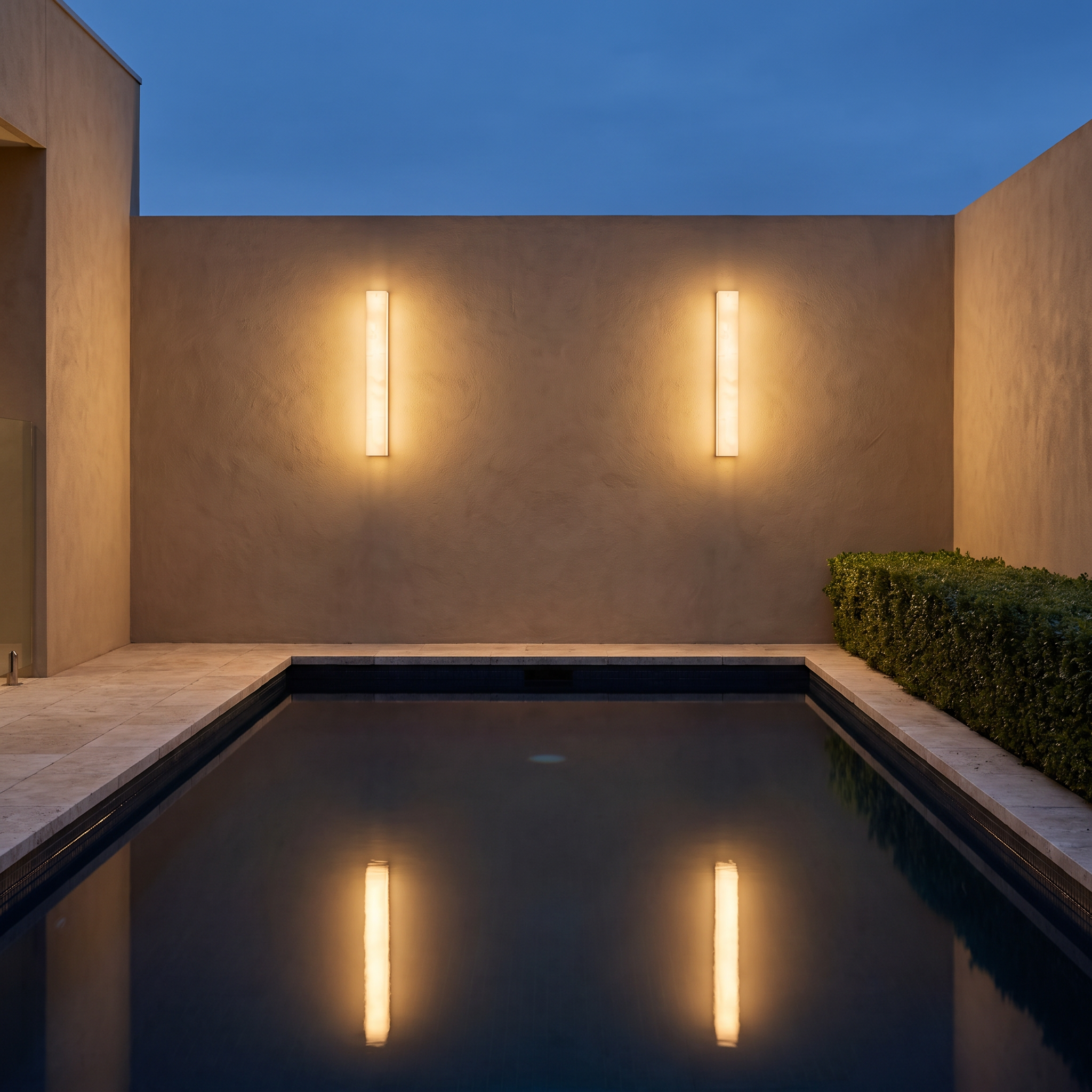 Two Pawa IP65 rectangular outdoor wall lights on a rendered poolside courtyard wall at twilight
