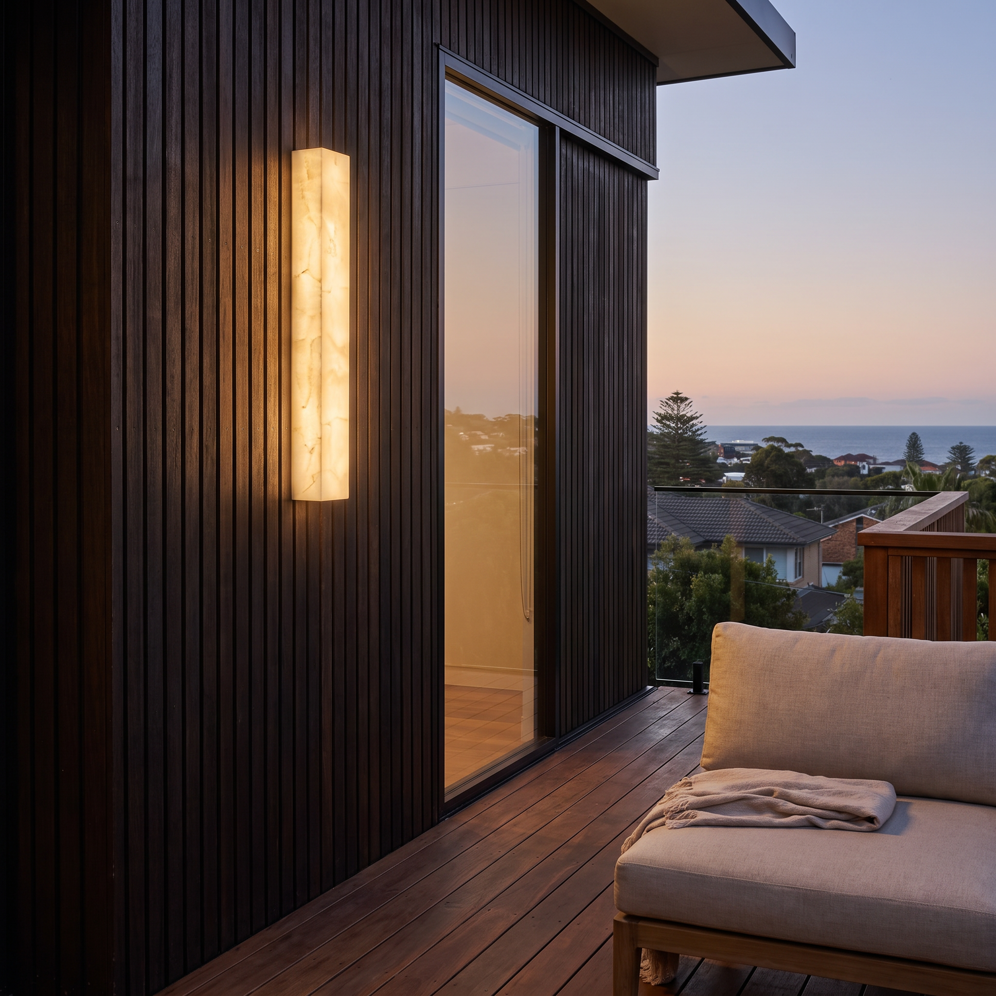 Pawa IP65 rectangular outdoor wall light on dark timber battens beside a deck with an elevated ocean outlook