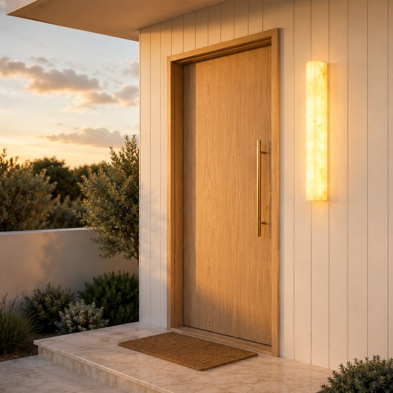A modern wooden front door with a slim vertical brass handle, set in a white paneled entryway wall. Glowing rectangular Pawa wall sconce is mounted to the right, casting warm light onto the door and stone step.
