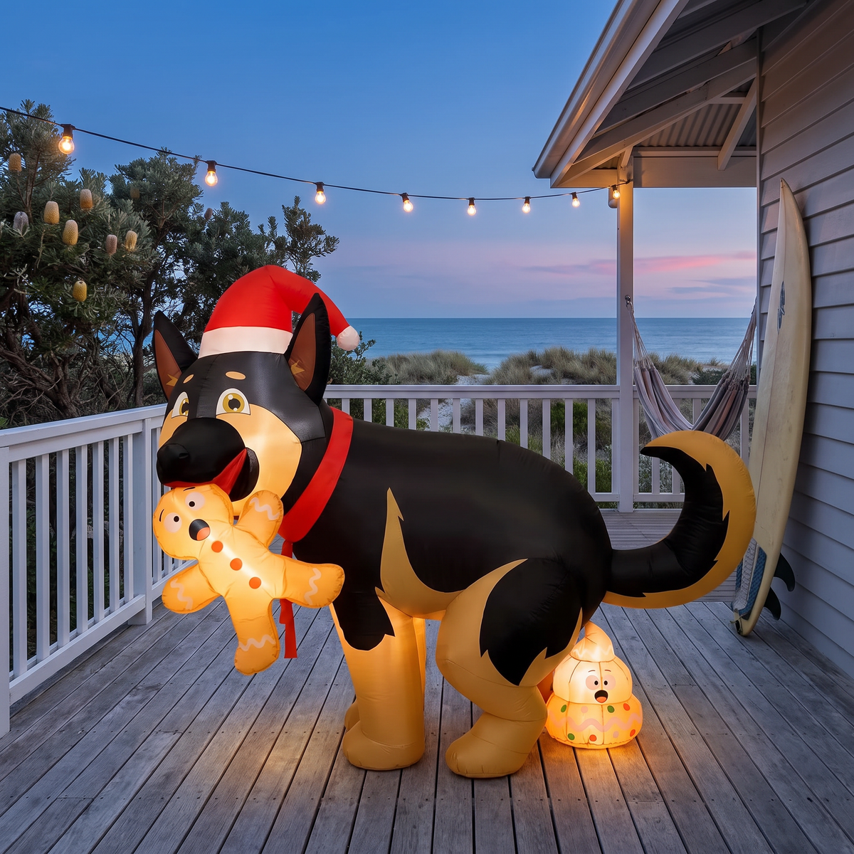Perro inflatable Christmas dog glowing on a beach shack deck at blue hour