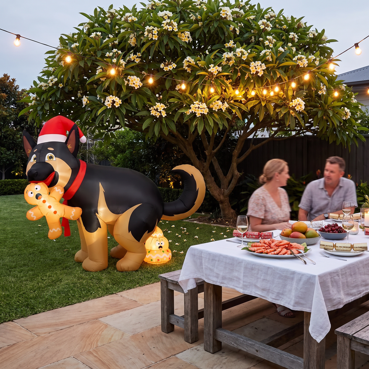 Perro inflatable Christmas dog beside an outdoor Christmas lunch table at dusk