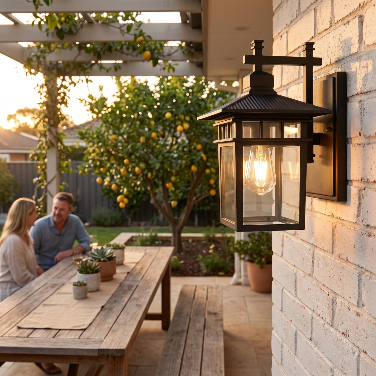 Pica Retro Outdoor Wall Lantern in black on a whitewashed brick alfresco with lemon tree at golden hour