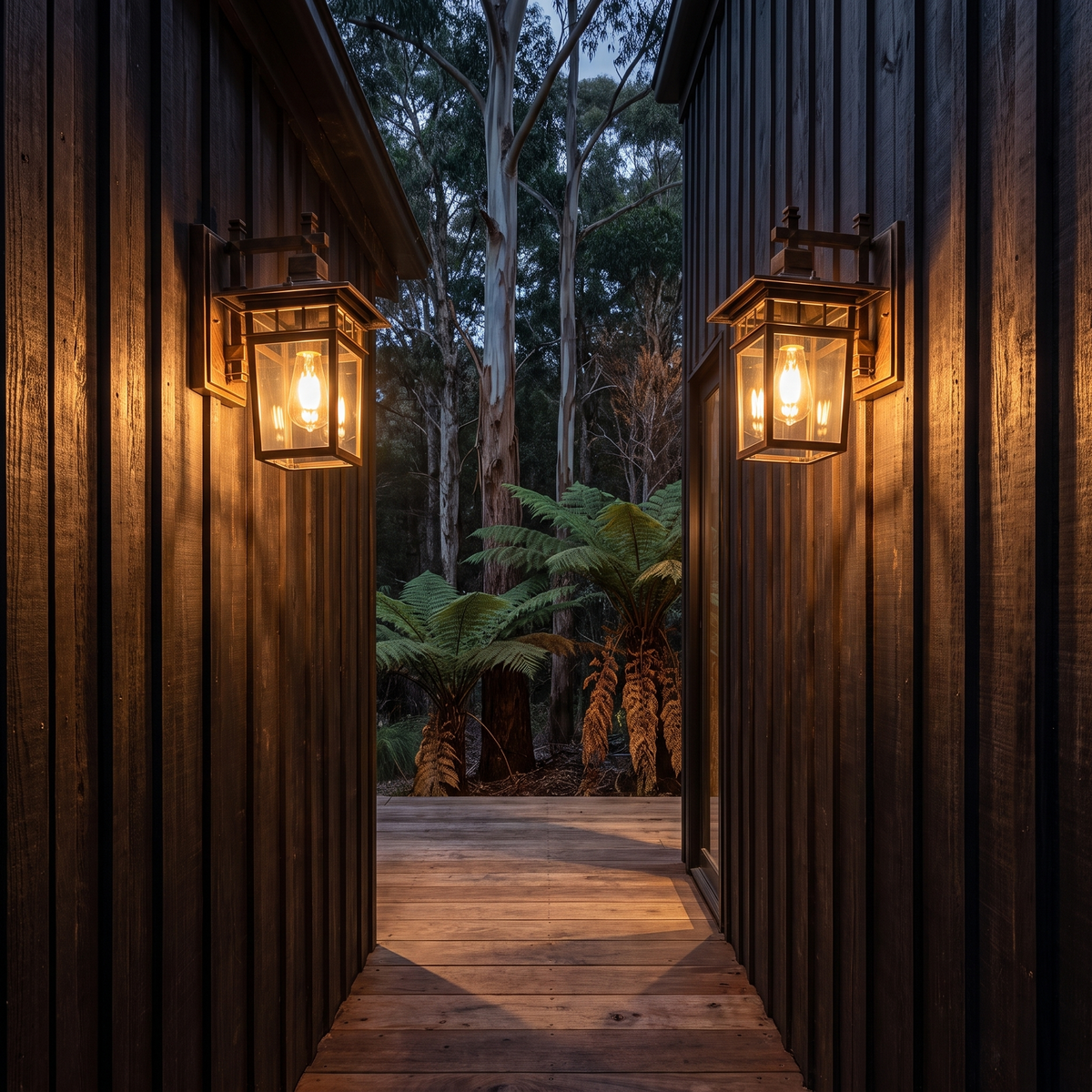 Two Pica Retro Outdoor Wall Lanterns in bronze glowing in a timber cabin breezeway at night