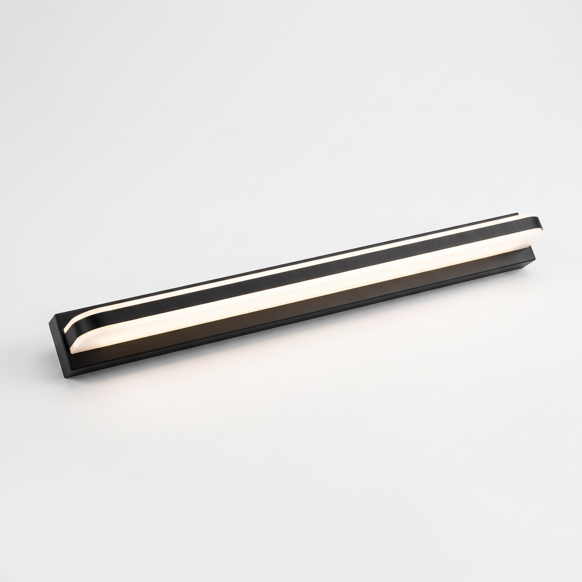 Plata LED vanity light with black trim and white acrylic diffuser on a plain white background