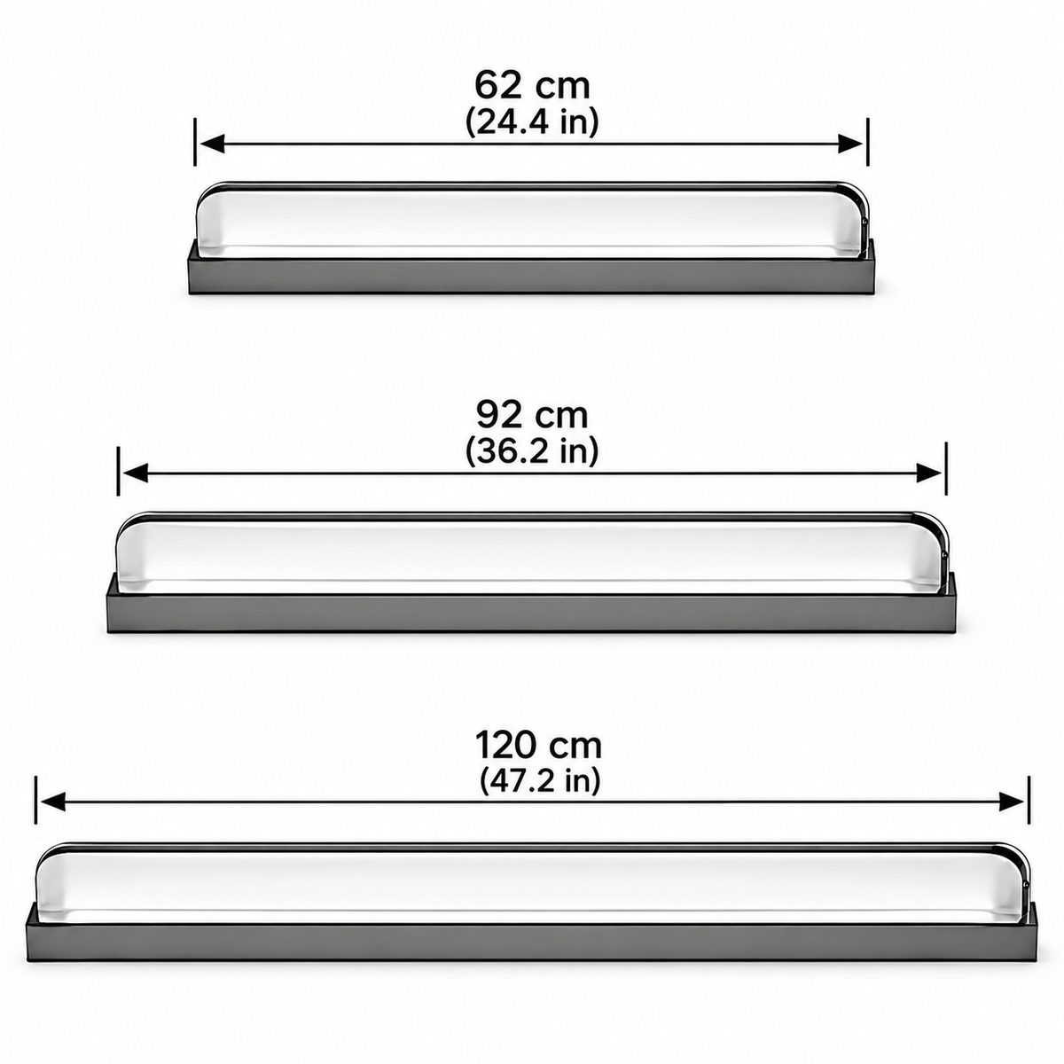 Plata vanity light widths 62cm (24.4in), 92cm (36.2in) and 120cm (47.2in)